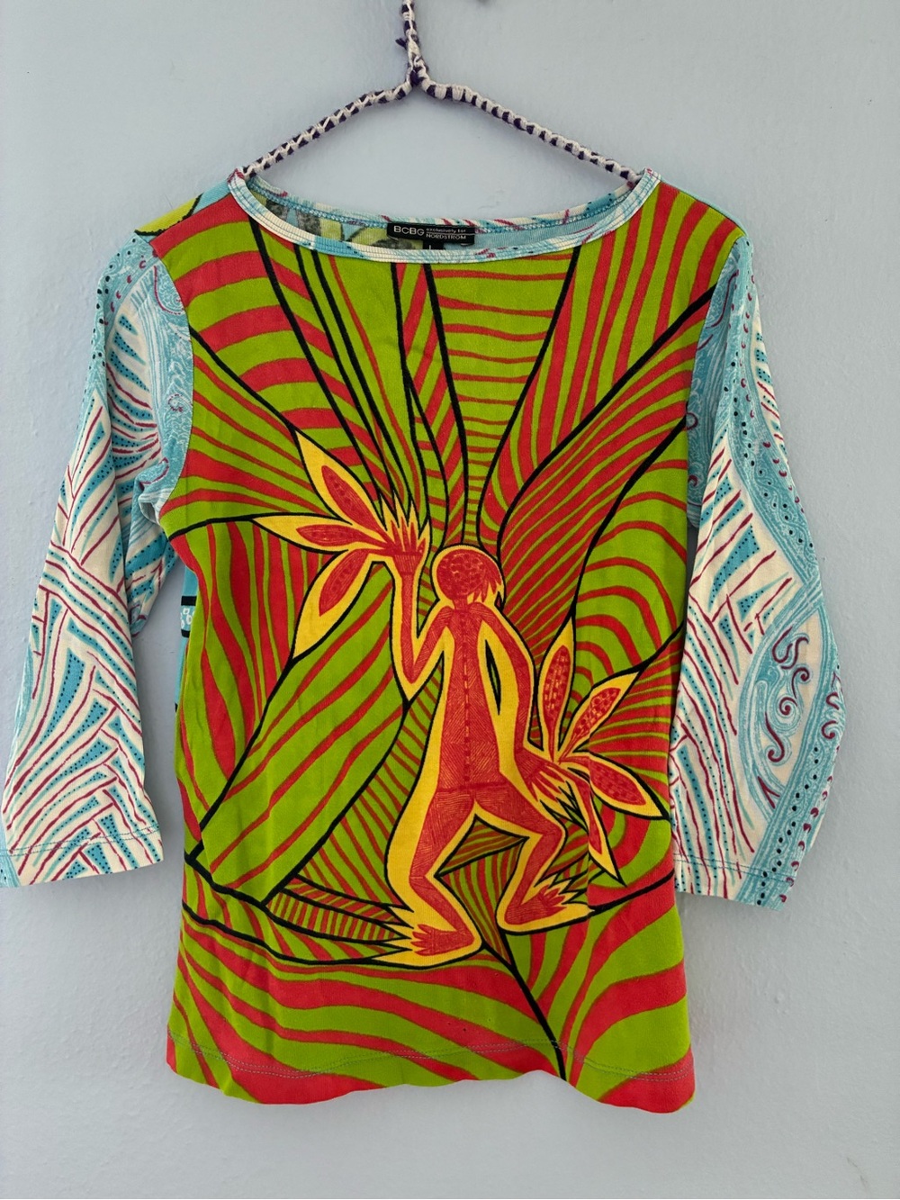 BCBG Y2K Green & Red Graphic Long Sleeve Women's Top